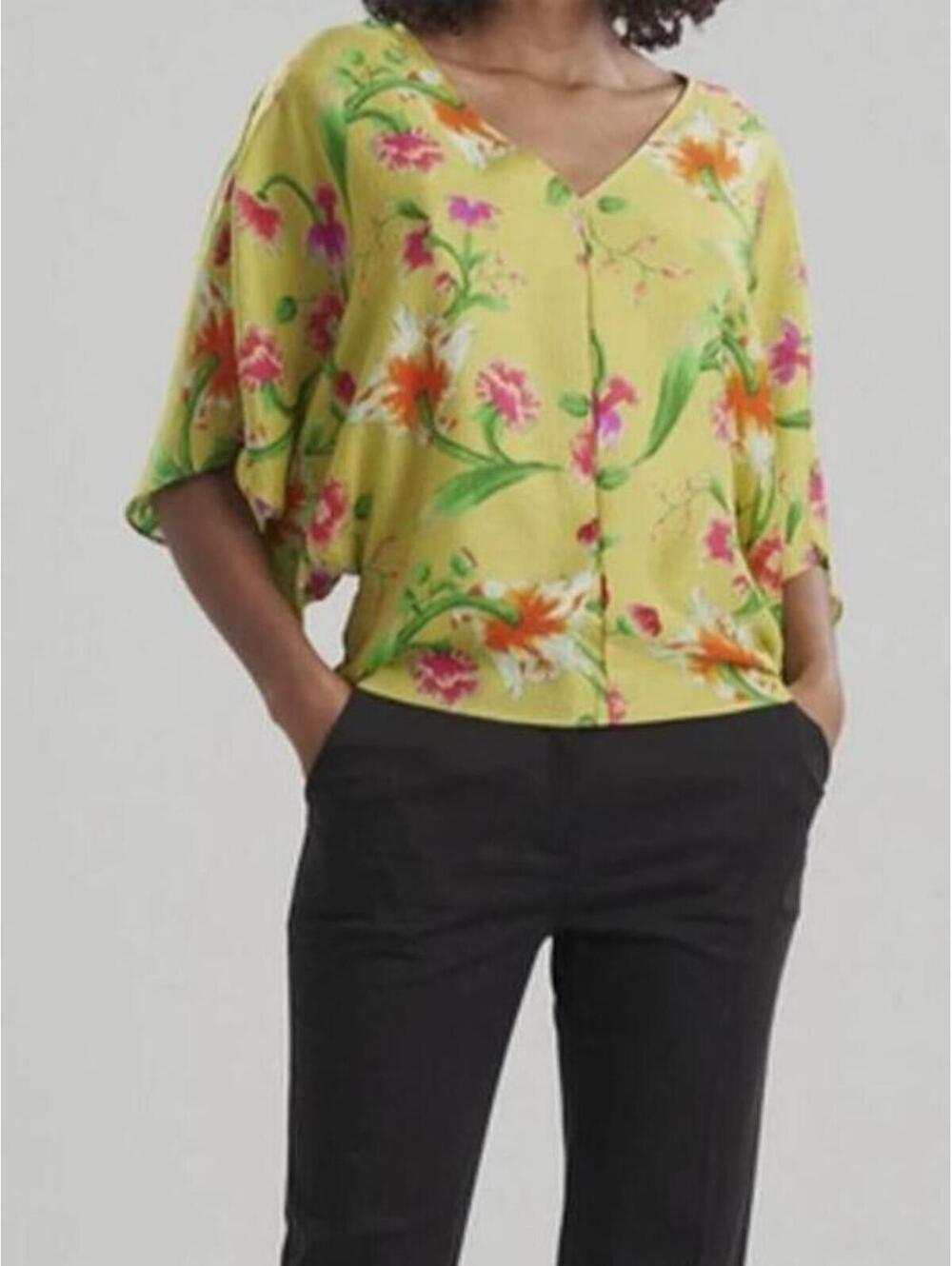 Natori 100% Silk Floral Blouse Medium Chartreuse Yellow Kimono